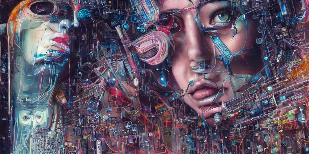 Image similar to portrait of computer & circuits, melting, 8 k, by tristan eaton, stanley artgermm, tom bagshaw, greg rutkowski, carne griffiths, ayami kojima, beksinski, giger, trending on deviantart, face enhance, hyper detailed, minimalist, cybernetic, android, blade runner, full of colour, super detailed