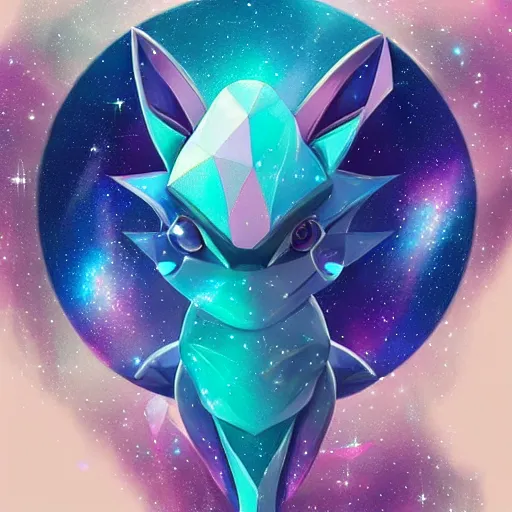 Image similar to geometric symmetrical vaporeon with galaxy eyes in space, nebula in the background, intricate, elegant, highly detailed, digital painting, artstation, concept art, smooth, sharp focus, illustration, art by artgerm