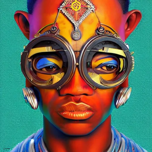 Image similar to colourful vfx upper half - portrait - art of a african tribal chief wearing steam punk goggles, art by utagawa kunisada & james jean, symmetrical, intricate detail, concept art, volumetric light, ray tracing, caricature, digital illustration, octane 3 d render, unreal engine, sharp, 8 k post process, pinterest, behance, art station,