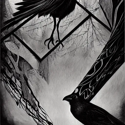 Image similar to a simple crow painting by Android Jones and M. C. Escher collaboration, futurist, digital art, dramatic lighting