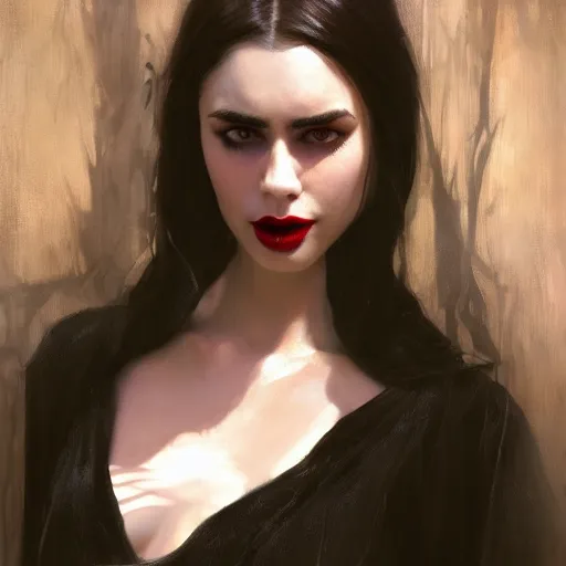 Prompt: detailed realistic cinematic wide shot of beautiful attractive lilly collins vampire woman wearing black bath robe slim face symettrical face clean skin black eyes black robe smooth, sharp focus, ultra realistic, spring light, painting by gaston bussiere, craig mullins, j. c. leyendecker