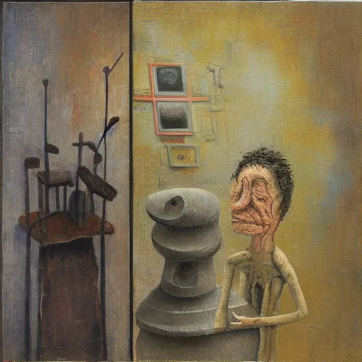 Image similar to a detailed, impasto painting by shaun tan and louise bourgeois of an abstract forgotten sculpture by ivan seal and the caretaker, album cover