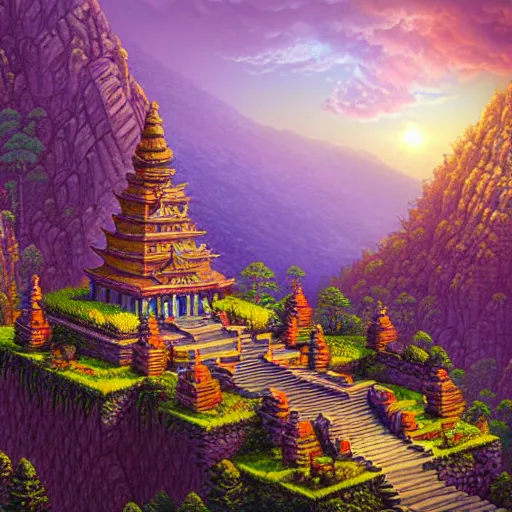 Image similar to mysterious temple in the mountains, fantasy landscape, extremely detailed, sharp focus, pixelart, wide view, digital illustration, by dan mumford, greg rutowski, johan grenier