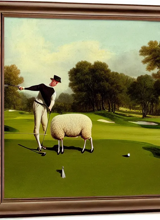 Prompt: a sheep swinging a golf club, sharp focus, matte painting, by isaac levitan and asher brown durand,