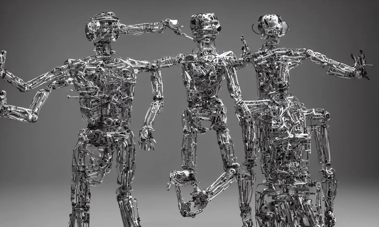 Prompt: a movie with humanoid robots made of intricate metal parts