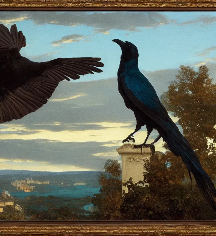 Image similar to a beautifully photoreal clear detailed victorian portrait of a close up raven on a victorian windowsill with an ornate velvet dark teal curtain at beautiful sunset daytime nature sunlit painting by frederic leighton and turner and morris and rosetti, 8 k, octane render