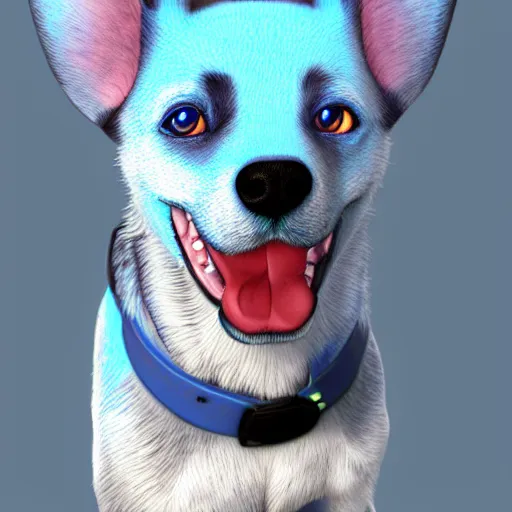 Image similar to Blue Heeler Dog, Anime Style, Soft lighting, artstation, detailed, award winning, colourful