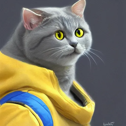 Image similar to head and shoulders masterpiece portrait of a cute adorable gray cat wearing a yellow spacesuit, surreal background, digital art by krenz cushart, trending on artstation, cgsociety,
