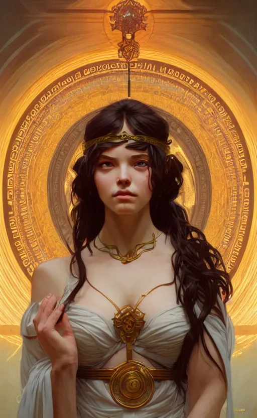 Prompt: the goddess hestia, greek mythology, intricate, upper body, highly detailed, digital painting, artstation, concept art, sharp focus, cinematic lighting, illustration, art by artgerm and greg rutkowski, alphonse mucha, cgsociety