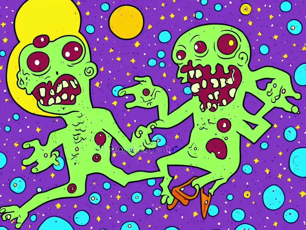 Image similar to happy zombie floating in space, cartoon illustration, detailed