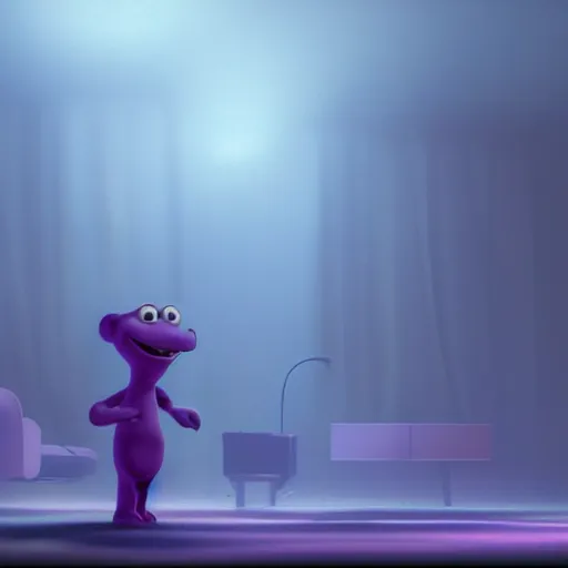 Image similar to still of an episode of barney, in a dim purple lit room, foggy, beautiful, melancholy, trending on artstation