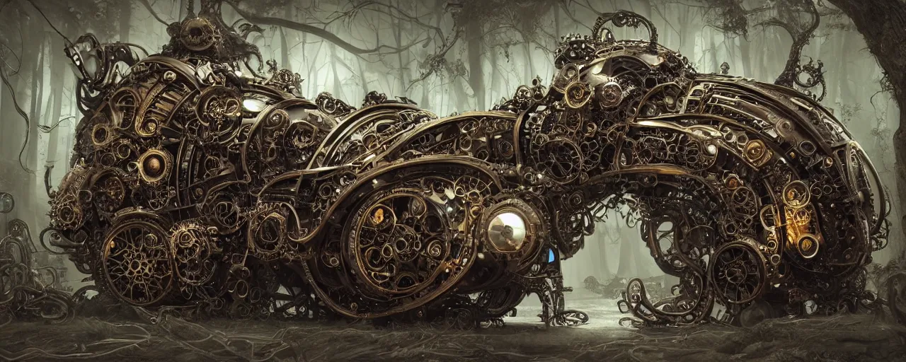 Prompt: biomechanical shiny steampunk vehicle reminiscent of bugatti chiron with (glowing) lights and octopus tentacles parked in ancient mystic woods, gothic and baroque, brutalist architecture, ultradetailed, creepy ambiance, fog, artgerm, giger, Intricate by Ellen Jewett and Josan Gonzalez and Giuseppe Arcimboldo