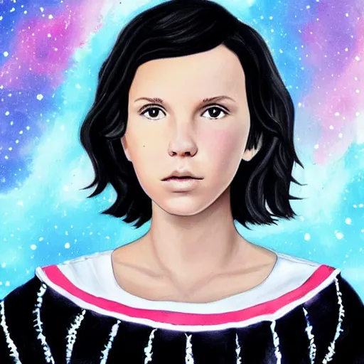 Image similar to Millie Bobby Brown painted by a galaxy brush