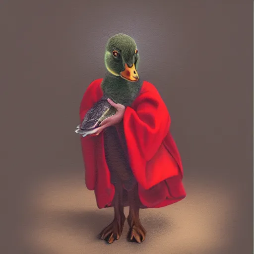 Image similar to portrait of cute mallard duck, wearing cultist red robe, doing witchcraft, expressive oil painting, digital art, octane render