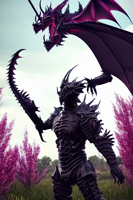 Image similar to high quality 3 d neo - gothic human dragon hybrid, exoskeleton armor, fighting with sword, field of pink flowers, highly detailed unreal engine, vitaly bulgarov dramatic dark teal light, ground angle hd 8 k, sharp focus