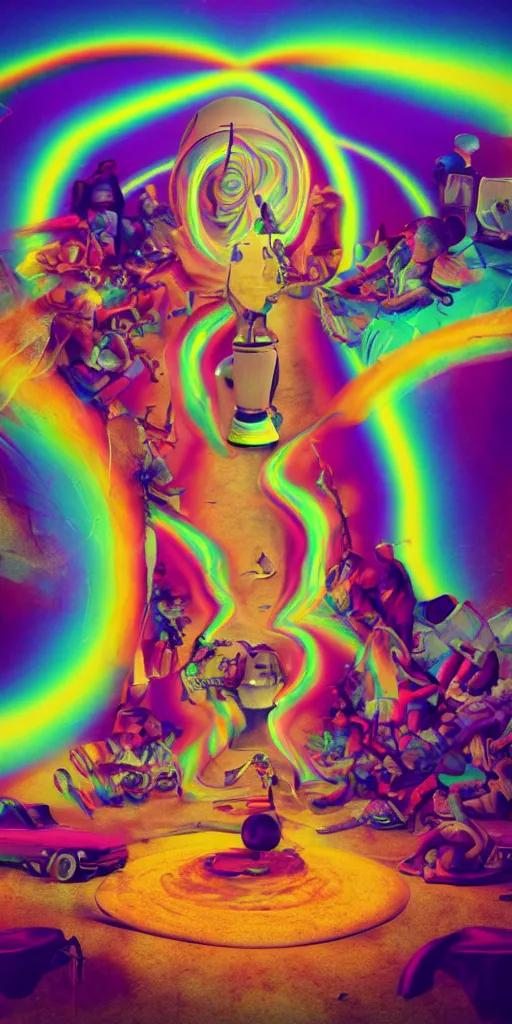 Prompt: retro television opening a portal to hell, inverted rainbow drip paint, surreal horror, psychedelic glitch art, trending on art station, photoreal, 8 k, octane render