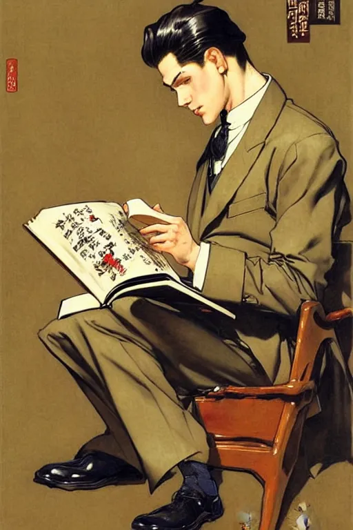 Image similar to attractive man reading book, painting by j. c. leyendecker, yoji shinkawa, katayama bokuyo