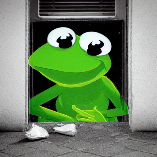 Image similar to street graffiti of kermit the frog sleeping in the doorway of an oppressive evil building. octane render 4 k