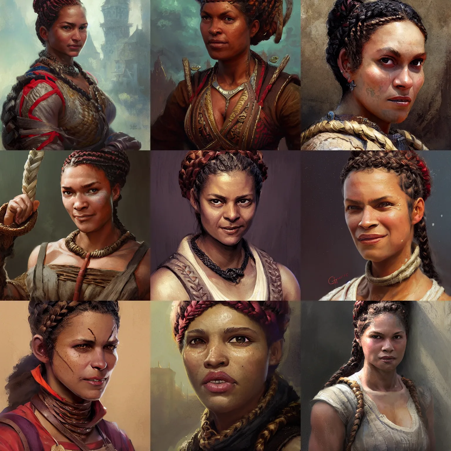 Prompt: a medieval shopkeeper from Trinidad, mixed-race woman, crimson single french braid bun, sarcastic and friendly, athletic crossfit build, smirking, close-up, fantasy character portrait by Greg Rutkowski, Craig Mullins, Gaston Bussiere