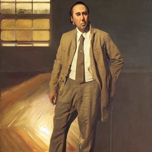 Prompt: Nicolas Cage as an Android, oil on canvas, golden hour, in the world of Andrew Wyeth, artstation, by J. C. Leyendecker and Peter Paul Rubens,