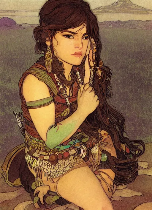 Image similar to portrait of a little warrior girl sitting on top of a giant turtle in the desert. the girl has dark skin and beautiful green eyes, realistic body legs and a very beautiful detailed symmetrical face with long black hair. the turtle has a big wise face and closed eyes. diffuse light, dramatic landscape, fantasy illustration by mucha