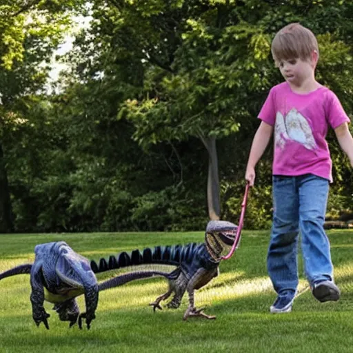 Prompt: a kid at the park walking a velociraptor with a leash