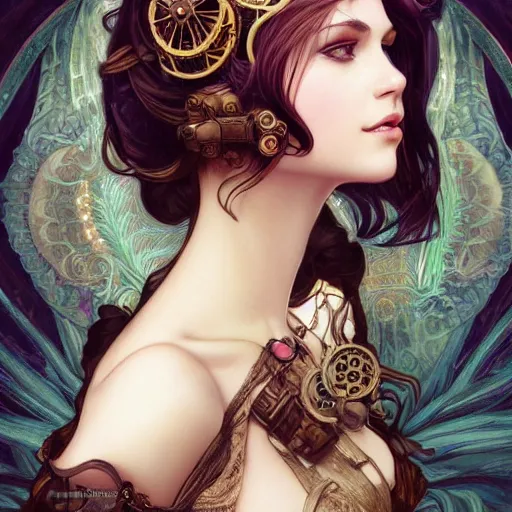 Image similar to a photograpic portrait of a pretty woman, steampunk, fantasy, intricate, elegant, highly detailed, digital painting, artstation, concept art, smooth, sharp focus, illustration, art by artgerm and h r giger and alphonse mucha