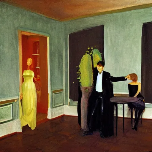 Prompt: an excited couple redefining love in an old room surrounded by plants, oil on canvas by Francis Bacon and Edward Hopper, Wayne Barlowe, painted by James Gilleard, 8K