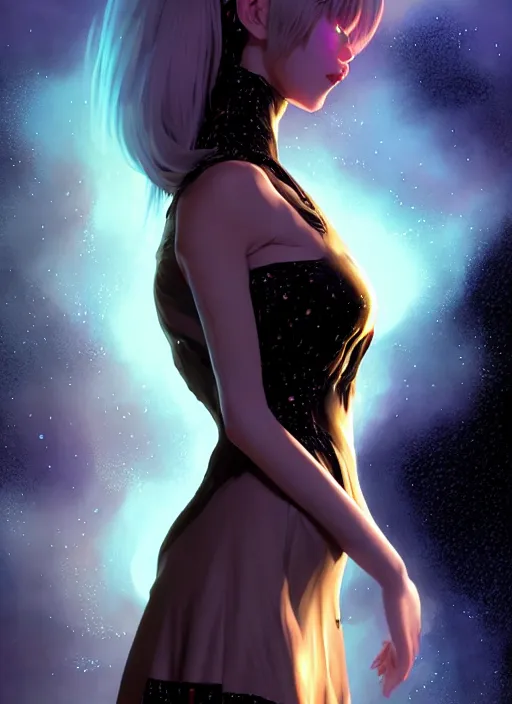 Image similar to azathoth girl wearing a dress made of milky way, full body, occlusion shadow, specular reflection, rim light, unreal engine, artgerm, artstation, art by hiroaki samura and ilya kuvshinov and ossdraws, intricate, highly detailed 8 k, fantasy illustration, extremely beautiful and aesthetic shape of face and body