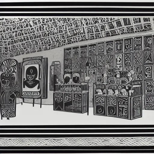 Image similar to A black and white screen print of gallery exhibition view from the 60s, anthropology, colonial, wild, exotic, masks, ethnography, screen printing