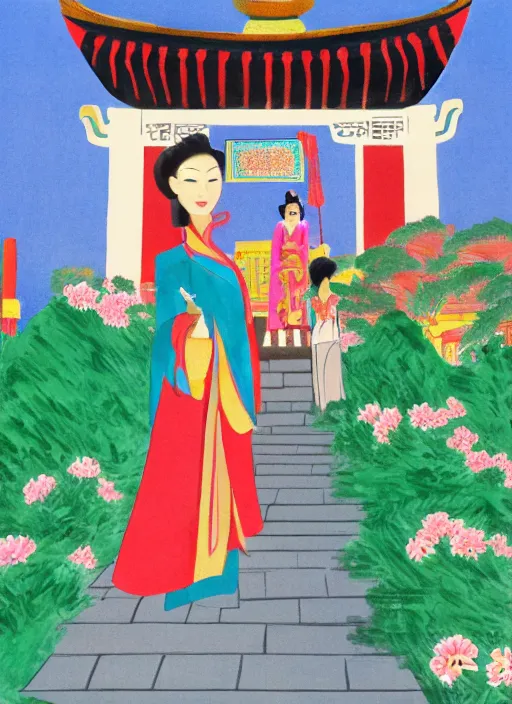 Image similar to mulan in front of chinese temple, by mary blair