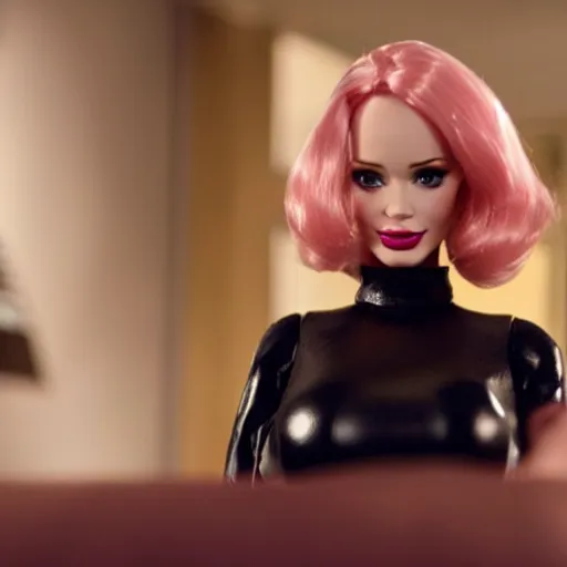 Image similar to amazing beautiful Christina Hendricks barbie doll wearing leather in the living room, film still from the movie directed by Denis Villeneuve , wide lens