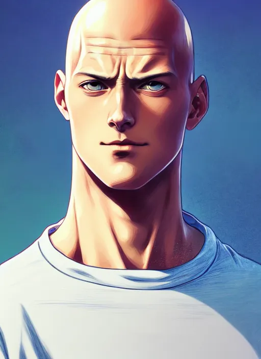 Image similar to handsome saitama, half body shot, path traced, action shot, highly detailed, high quality, digital painting, alena aenami, lilia alvarado, shinji aramaki, karol bak, alphonse mucha, tom bagshaw