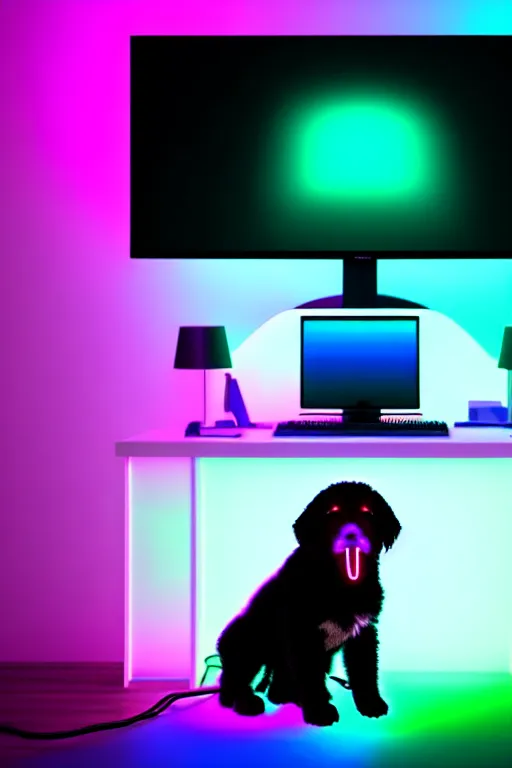 Image similar to a cute bernedoodle puppy sitting in gaming chair + neon rgb light strips, large computer monitor, mountains in background, vaporwave, dramatic, confident, rule of thirds, 4 k, award winning, octane render, volumetric lighting