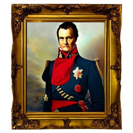 Prompt: napoleon style portrait of bruce campbell in formal military suit, classical, realism, oil on canvas, colorful