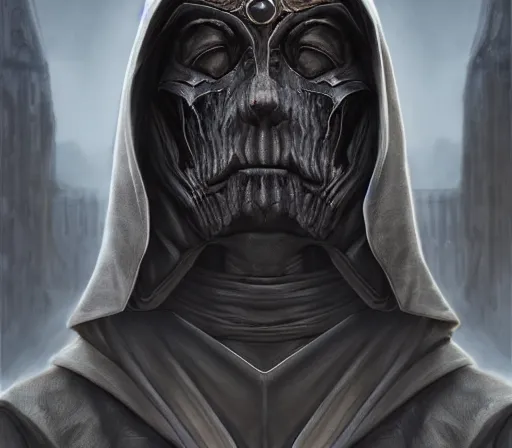 Image similar to ww 1 sith sorcerer, hooded cloaked sith lord, full head shot, covet death, full character concept art, highly detailed matte painting intricately beautiful, intricately detailed by dom qwek by darren bartley