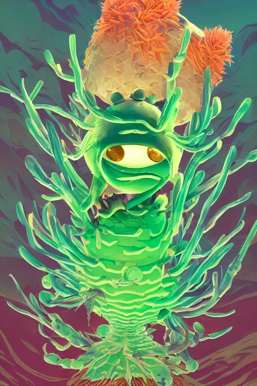 Image similar to roots cactus sushi cristal smurf ghost creature animal sushi cristal very big eye roots cactus elemental flush of force nature micro world fluo fishscale, behance hd by jesper ejsing, by rhads, makoto shinkai and lois van baarle, ilya kuvshinov, rossdraws radiating a glowing aura global illumination ray tracing hdr