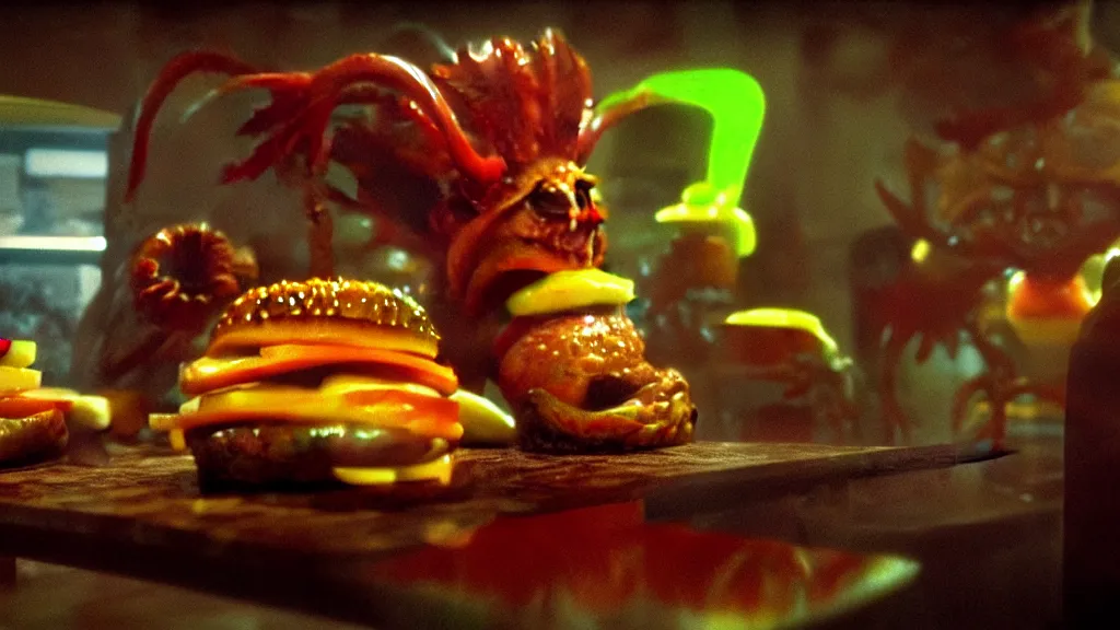 Image similar to the strange cheeseburger creature at the fast food place, film still from the movie directed by denis villeneuve and david cronenberg with art direction by salvador dali and zdzisław beksinski, wide lens