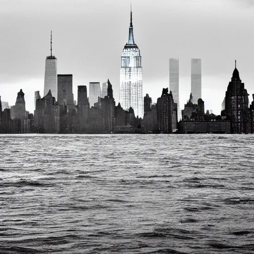 Prompt: flooded NYC with only the Empire State Building visible above the water