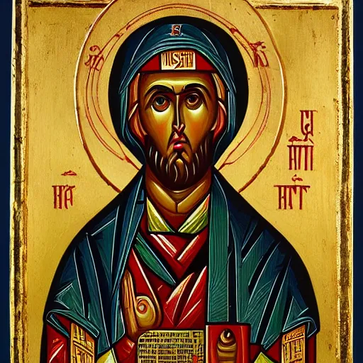 Prompt: An orthodox icon representing Nicholas Cage, museum catalog, high detail