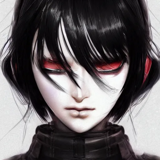 Image similar to heroine, beautiful, sui ishida with black hair, hyperrealistic, highly detailed, 8 k, a real photographic, digital art, character, realistic, full body portrait, female samurai, symatrical, dark atmospheric lighting, artstation, symetric, lineart