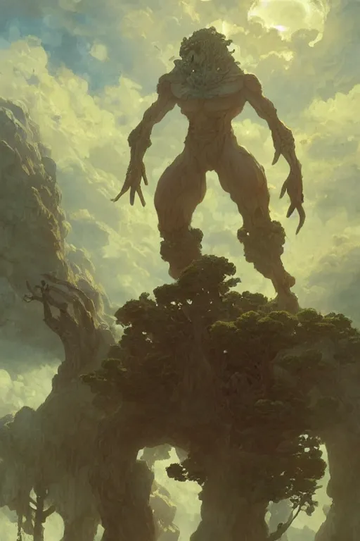 Prompt: amazing character, giant titan of nature, painting by studio ghibli and louis remy mignot, greg rutkowski, ilya repin, toei animation, nice lighting, smooth tiny details, soft and clear shadows, low contrast, perfect