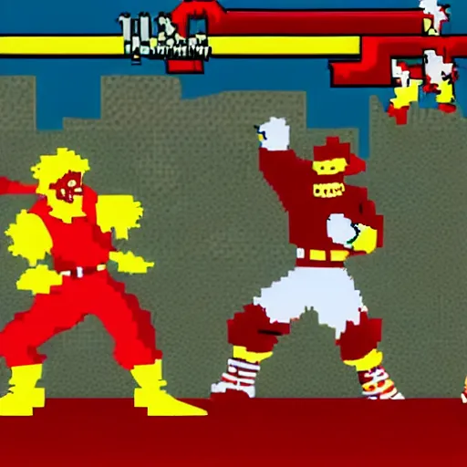 Prompt: screenshot of ronald mcdonald, white face, red afro, red nose and yellow outfit as fight enemy in 9 0's mortal kombat 3, mk 3, mortal kombat 3, sega genesis video game, upscaled to high resolution