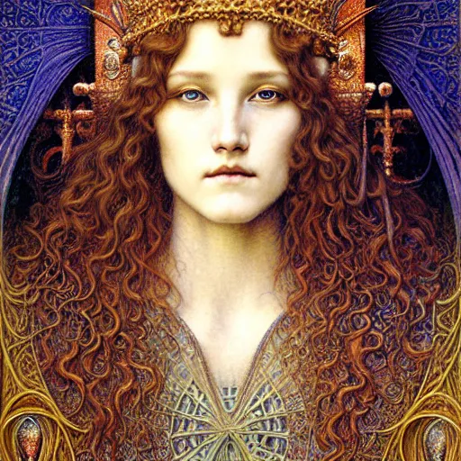 Prompt: detailed realistic beautiful young medieval queen face portrait by jean delville, gustave dore, ernst haeckel and marco mazzoni, art nouveau, symbolist, visionary, gothic, pre - raphaelite