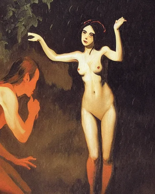 Image similar to a baroque painting of a girl meeting the devil in the rain at night, 1 9 7 0 s, seventies, wallpaper, delicate embellishments, painterly, offset printing technique, by brom, robert henri, walter popp