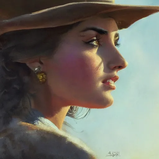 Image similar to ultra realistic head and shoulders portrait painting of ana de armas as a western outlaw, art by frank frazetta, 4 k, ultra realistic, highly detailed, epic lighting