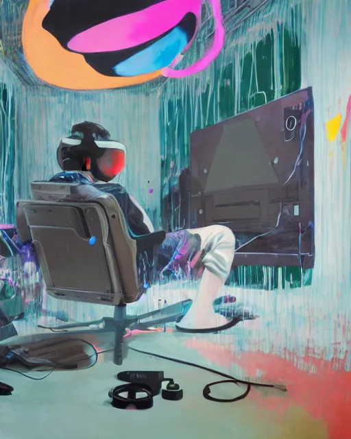 Image similar to a man reclines in a gaming computer chair weargin a vr headset and headphones holding a game controller, in a domestic interior filled with screens by james jean and luc tuymans and beeple and hernan bas and pat steir and hilma af klint, psychological, 3 d, dripping paint, high quality render, masterpiece