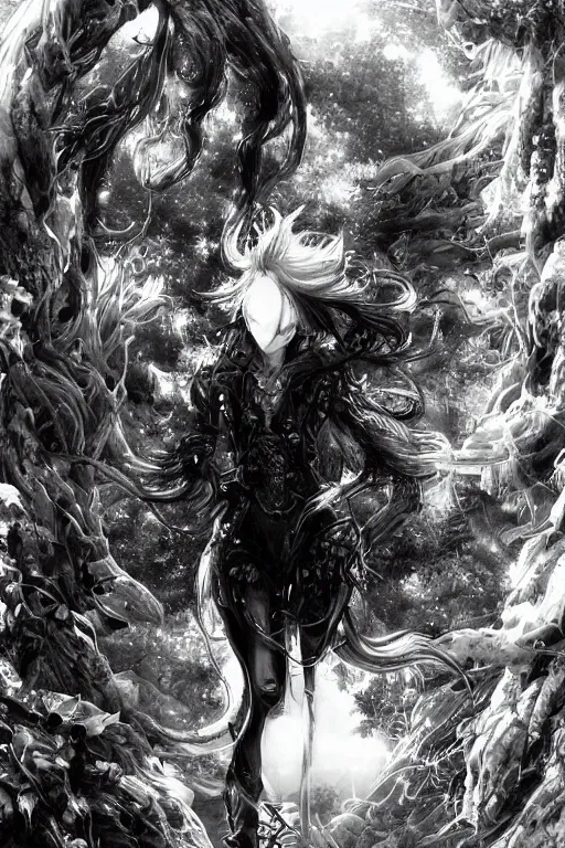 Image similar to a vertical portrait of a character in a scenic environment by Yoshitaka Amano, black and white, dreamy, cybernetic suit, wavy long black hair, highly detailed