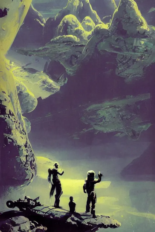 Image similar to 5 0 s pulp scifi illustration, space explorers in beautiful landscape, plain stretching into distance, pond, baobab trees, distant mountains, nebula, painted by bergey, craig mullins, john berkey, ruan jia, rodney matthews, jeremy mann, beksinski, jack kirby, tom lovell, alex malveda