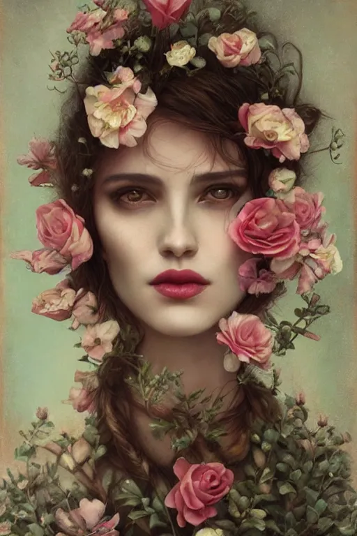 Prompt: portrait of rachel brice by tom bagshaw, realistic oil painting, clothed in flowers